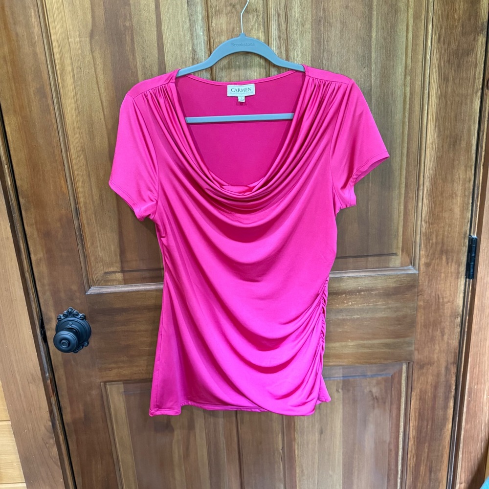Carmen Carmen Marc Valvo Hot Pink Cowl Neck Ruched Short Sleeve Top Large